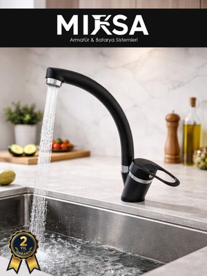 Mixsa Siyah-Krom Mix Kuğu Mutfak Eviye Bataryası, Musluğu, Çeşmesi Çift Su Girişli
