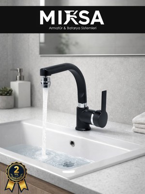Mixsa Siyah-Krom Armut Balıksırtı Borulu Oynar Başlıklı Perlatörlü Banyo Lavabo Bataryası, Çiftsugirişli