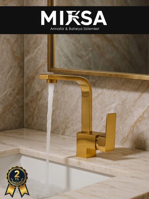Mixsa Lüx Gold Kare Lavabo Bataryası, Musluğu, Ağır Gövde Kaliteli
