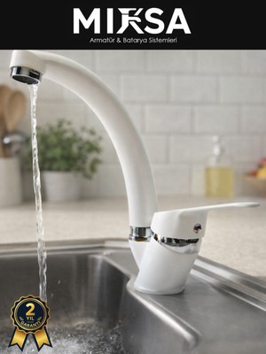 Mixsa Beyaz-Krom Mix Kuğu Mutfak Eviye Bataryası, Musluğu, Çeşmesi Çift Su Girişli