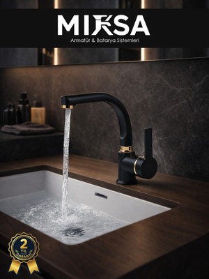 Mixsa Lüx Siyah-Gold Armut Balıksırtı Borulu Banyo Lavabo Bataryası, Musluğu, Çeşmesi Çift Su Girişli