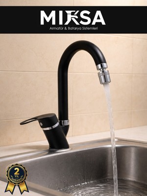 Mixsa Siyah-Krom Baston Borulu Oynar Başlıklı Perlatörlü Banyo Lavabo Bataryası, Çiftsugirişli