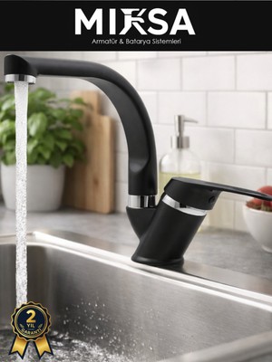 Mixsa Siyah-Krom Balıksırtı Borulu Mutfak Eviye Bataryası, Musluğu, Çeşmesi Çift Su Girişli