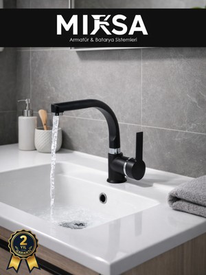 Mixsa Siyah-Krom Armut Balıksırtı Borulu Banyo Lavabo Bataryası Çeşmesi Musluğu Çift Su Girişli