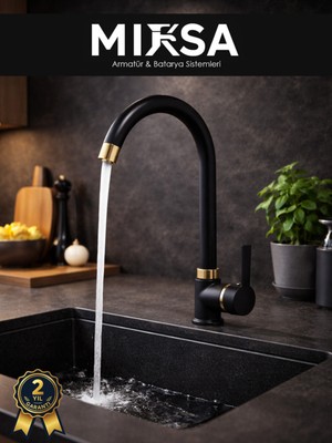 Mixsa Lüx Siyah-Gold Armut Baston Borulu Mutfak Eviye Bataryası, Musluğu, Çeşmesi Çift Su Girişli