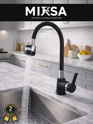 Mixsa Siyah Kubar Oynar Borulu Fonksiyonlu Mutfak Eviye Bataryası, Musluğu, Çeşmesi Çift Su Girişli