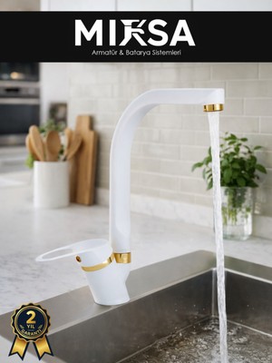 Mixsa Lüx Beyaz-Gold Balıksırtı Borulu Mutfak Eviye Bataryası, Musluğu, Çeşmesi Çift Su Girişli