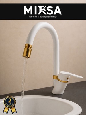 Mixsa Lüx Beyaz-Gold Baston Borulu Oynar Başlıklı Perlatörlü Banyo Lavabo Bataryası, Çiftsugirişli