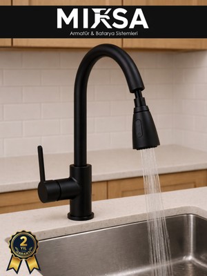Mixsa Siyah Spiralli Mutfak Eviye Bataryası, Lüx Uzayabilir Başlıklı Mutfak Musluğu