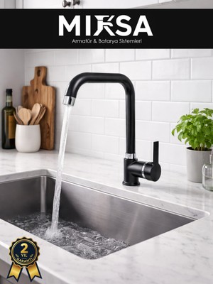 Mixsa Siyah-Krom Armut Köşe Borulu Mutfak Eviye Bataryası Çeşmesi Musluğu Çift Su Girişli