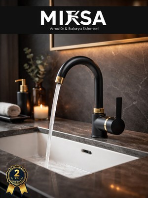 Mixsa Lüx Siyah-Gold Armut Baston Borulu Banyo Lavabo Bataryası, Musluğu, Çeşmesi Çift Su Girişli