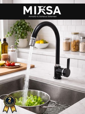 Mixsa Siyah-Krom Armut Baston Borulu Oynar Başlıklı Perlatörlü Mutfak Eviye Bataryası, Çiftsugirişli