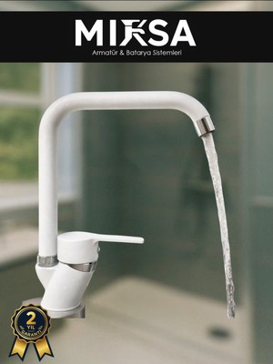 Mixsa Beyaz-Krom Köşe Borulu Mutfak Eviye Bataryası, Musluğu, Çeşmesi Çift Su Girişli