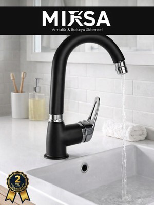 Mixsa Siyah-Krom Armut Baston Borulu Oynar Başlıklı Perlatörlü Banyo Lavabo Bataryası, Çiftsugirişli