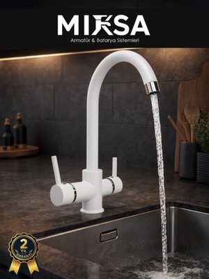 Mixsa Beyaz Baston Borulu 3 Girişli Arıtmalı Mutfak Eviye Bataryası Musluğu
