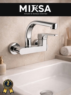 Mixsa Krom Yandan Aplik Balıksırtı Borulu Lavabo-Eviye Bataryası Çeşmesi Musluğu Çift Su Girişli
