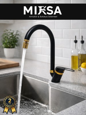 Mixsa Lüx Siyah-Gold Baston Borulu Oynar Başlıklı Perlatörlü Mutfak Eviye Bataryası, Çiftsugirişli