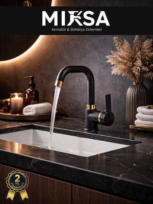 Mixsa Lüx Siyah-Gold Armut Köşe Borulu Banyo Lavabo Bataryası, Musluğu, Çeşmesi Çift Su Girişli