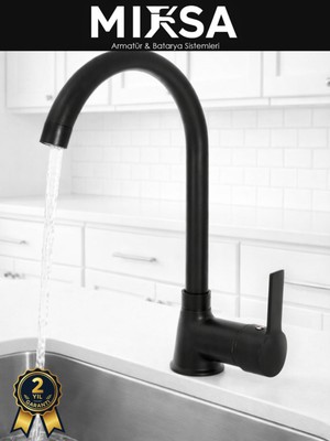 Mixsa Full Siyah Armut Baston Borulu Mutfak Eviye Bataryası Çeşmesi Musluğu Çift Su Girişli