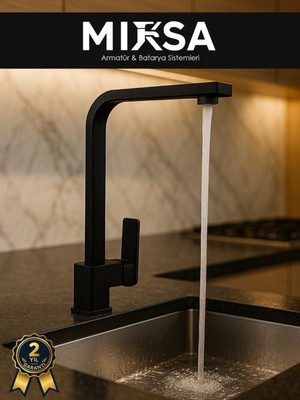 Mixsa Lüx Siyah Kare Mutfak Eviye Bataryası, Musluğu, Ağır Gövde Kaliteli