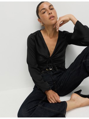 Marks & Spencer Saten Ön Bağlamalı Uzun Kollu V-Yaka Üst