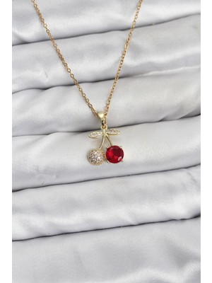 Ieg™ 316L Çelik Zincir Gold Renk Kiraz Model Zirkon Taşlı Kadın Kolye