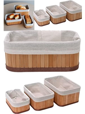 Munico 3 Adet Boy Boy Sepet Rattan Ahşap Organizer Mutfak Malzemesi Ahşap Ekmek Kutusu ve Sepeti