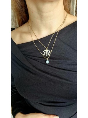 Initium Premium Paslanmaz Stainless Steel Çelik 14K Zirkon Taşlı Göz Model Kolye