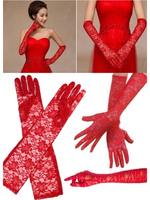 Munico Tam Parmak Eldiven Parti Dantel Eldiven Gelin Eldivenleri Parti Eldiven 40 cm Gelinlik Kadın Düğün