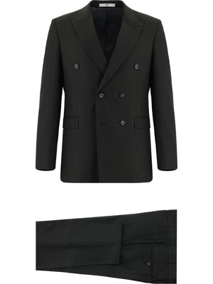 Kiğılı Koyu Antrasit Slim Fit Kruvaze Takım Elbise Erkek Desenli 7 Drop Dar Kesim