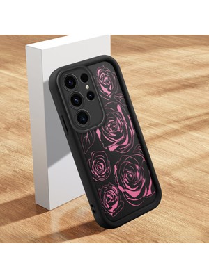 Ucuc Samsung Galaxy S23 Ultra Uyumlu Silikon Malzeme Darbeye Dayanıklı Siyah Renkli Kılıf Kelebek Gül Deseni