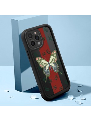 Ucuc iPhone 16 Pro Max Uyumlu Silikon Malzeme Darbeye Dayanıklı Siyah Renkli Kılıf Kelebek Gül Deseni
