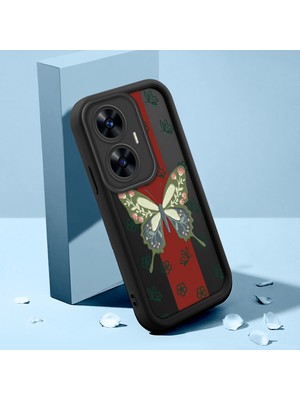 Ucuc Realme C55 Uyumlu Silikon Malzeme Darbeye Dayanıklı Siyah Renkli Kılıf Kelebek Gül Deseni