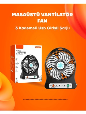 Mestore Mini Vantilatör Masaüstü – USB Girişli, Şarjlı, 3 Kademe, Sessiz Motor, Işıklı