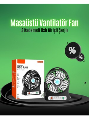 Mestore Mini USB Fan – Şarj Edilebilir, Işıklı, 3 Kademe, Taşınabilir Masaüstü Vantilatör