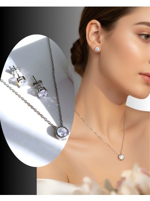 925 Ayar Gümüş Damla Tasarım Zarif Kolye Küpe Zirkon Taşlı Kadın Set Doğum Günü Hediye