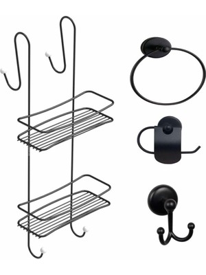 Delixa Banyo Aksesuar Seti 4 Lü Siyah,ömür Boyu Paslanmaz Duşakabin Askısı Duş Rafı Şampuanlık Siyah