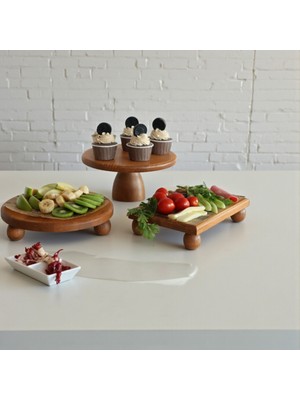 UltraMint Üçlü Pasta ve Sunum Seti, Ahşap ve Top Ayaklı Sunumlukler