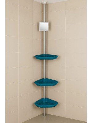 Hepta Collection Sabanbanyo Köşe Rafı Mavi – 3 Katlı Plastik Raf ve Alüminyum Direkli Organizer
