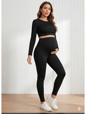 Siyah Yüksek Bel Şardonlu Hamile Tayt