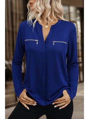 Cottonlab Kadın Uzun Kollu V Hakim Yaka Fermuar Detaylı Viskon Bluz