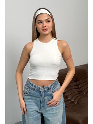 Jee Lee Kadın Halter Yaka Kaplı Basic Atlet Beyaz - 26M 5044