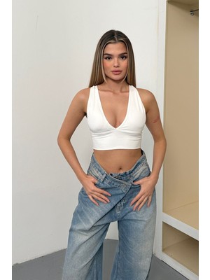 Jee Lee Kadın V Yaka Kalın Askılı Fitilli Büstiyer Beyaz - 26M 9036