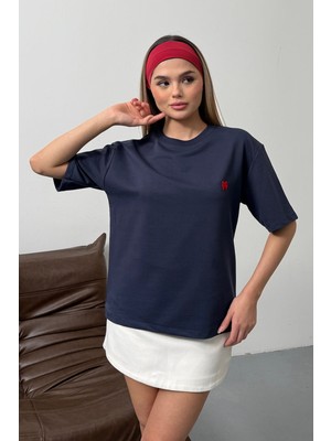 Giysa Kadın Bisiklet Yaka Fiyonk Nakışlı 2ip T-Shirt Lacivert - 26Y 26601