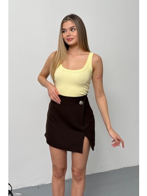 Giysa Kadın Toka Aksesuarlı Fermuar Kapamalı Şort Etek Kahverengi - 26Y 2787