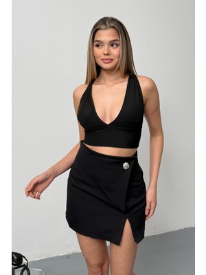 Giysa Kadın Toka Aksesuarlı Fermuar Kapamalı Şort Etek Siyah - 26Y 2787