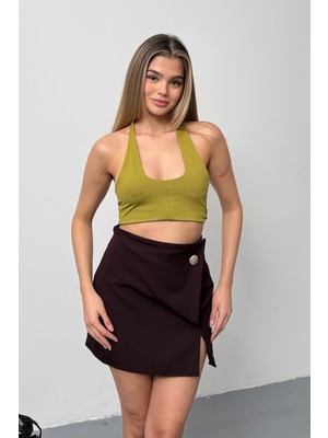 Giysa Kadın Toka Aksesuarlı Fermuar Kapamalı Şort Etek Mürdüm - 26Y 2787