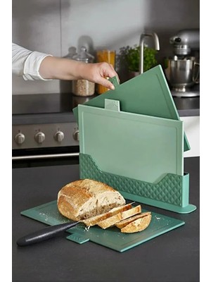 4 Parça Standlı Kesme Tahtası Seti - Çoklu Doğrama Tahtası Ekmek Sebze Et Kesim Panosu