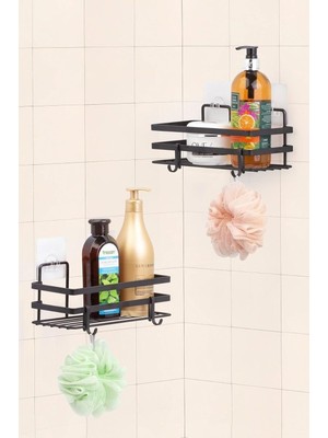 Delixa Sas Haus Ömür Boyu Paslanmaz Yapışkanlı Banyo Düzenleyici Şampuanlık Tek Katlı Duş Rafı 2 Adet Siyah