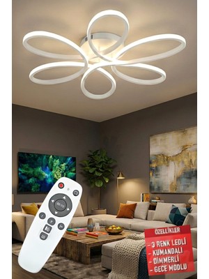 Ece Aydınlatma Luxor Beyaz Kumandalı 3 Renk Ledli Dimmerli Plafonyer Modern Ledli Avize